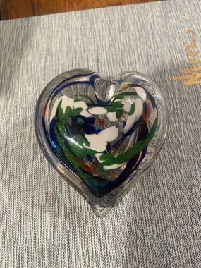 Hand-Blown Art Glass Heart Paperweight – Blue, Green & White Swirl (Signed)
